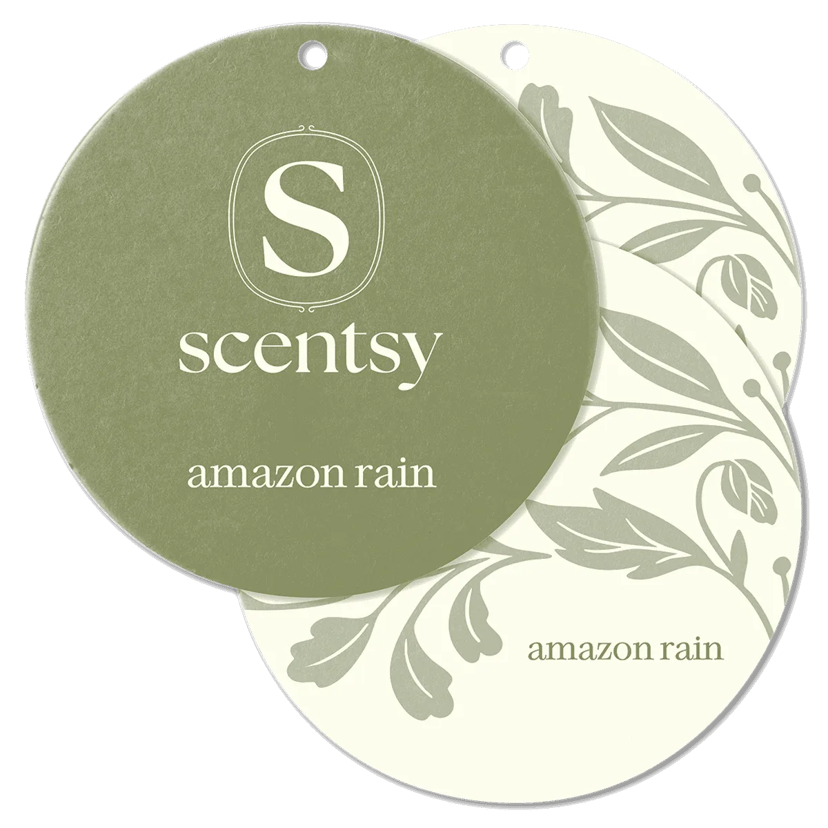 Sage green and cream circular Scent Circles with leaf motifs, showing the Amazon Rain Scent Circle 3-pack with Scentsy branding and hanging holes