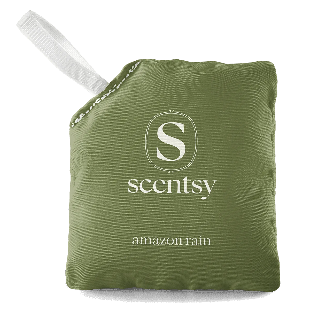 Amazon Rain Scent Pak - Sage-green fabric Scent Pak with white drawstring and Scentsy logo, labeled Amazon Rain