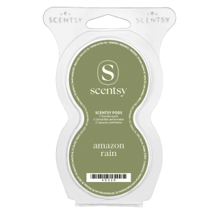 Clear blister pack with white backing showing two green oval Scentsy Pods labeled Amazon Rain Scentsy Pods, with Scentsy branding and barcode visible