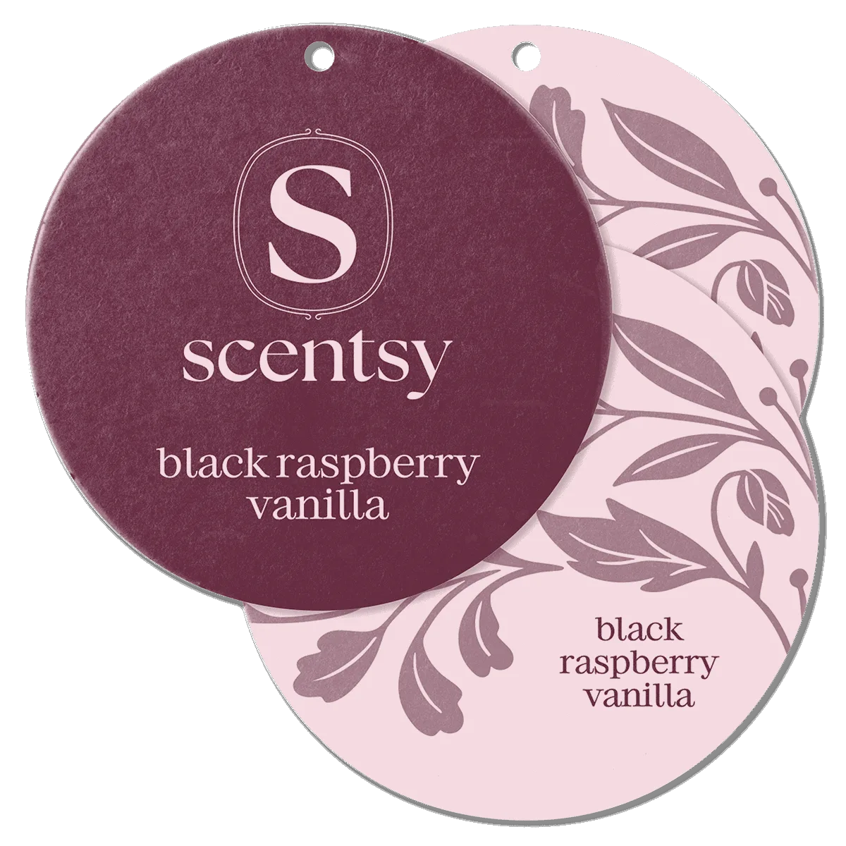 Two circular burgundy and blush-pink Scentsy Scent Circle tags with leaf designs, the Black Raspberry Vanilla Scent Circle 3-pack, displayed overlapped to show both sides