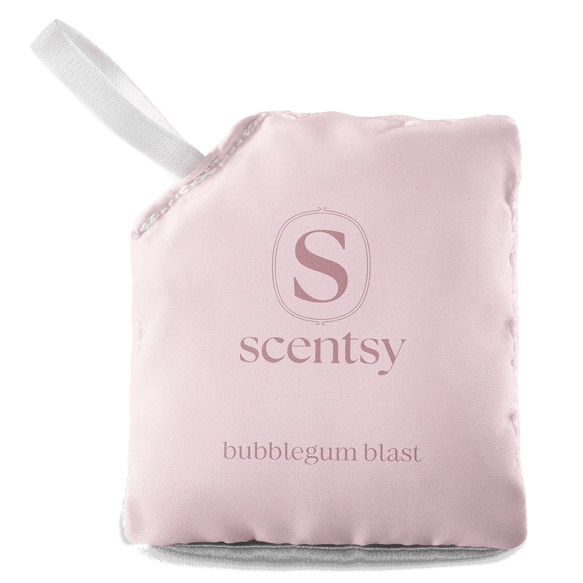 Soft pink fabric Scent Pak with Scentsy branding and white carry strap, labeled Bubblegum Blast Scent Pak