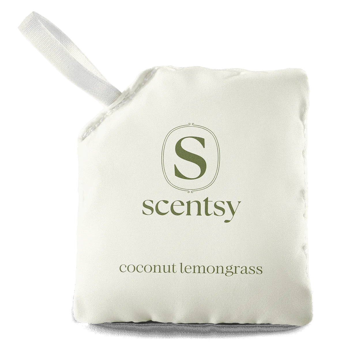 Cream-coloured fabric Scent Pak with a white ribbon loop, displaying the Scentsy S logo and text reading "Coconut Lemongrass Scent Pak