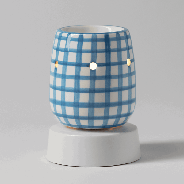 Cottage Gingham - Blue Mini Scentsy Warmer with Tabletop Base - Lit