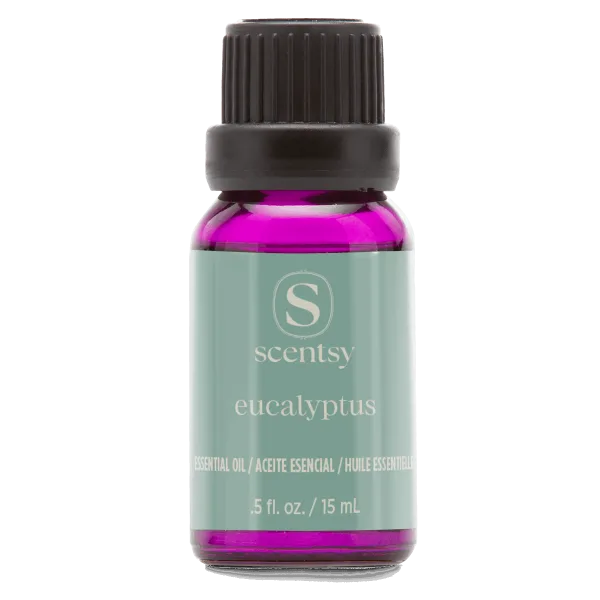 Small glass bottle with bright magenta essential oil, black screw cap, and pale green label displaying the Scentsy logo and text reading "eucalyptus" and "Essential Oil / Aceite Esencial / Huile Essentielle, .5 fl. oz. / 15 mL" – Eucalyptus 100% Pure Essential Oil