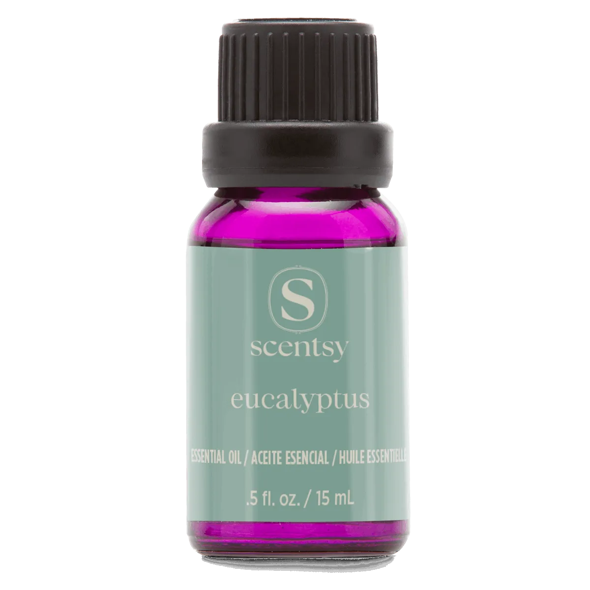 Small glass bottle with bright magenta essential oil, black screw cap, and pale green label displaying the Scentsy logo and text reading "eucalyptus" and "Essential Oil / Aceite Esencial / Huile Essentielle, .5 fl. oz. / 15 mL" – Eucalyptus 100% Pure Essential Oil