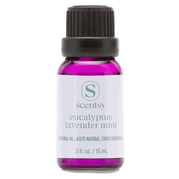Small glass bottle filled with bright magenta natural oil, sealed with a black cap and white label printed with the Scentsy logo and product name Eucalyptus Lavender Mint Natural Oil Blend, 15 ml