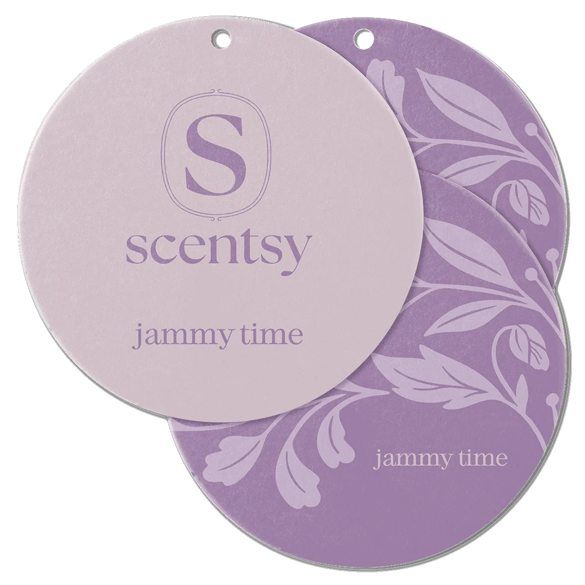 Two overlapping circular Scent Circles in shades of purple and mauve with leaf designs, showing the Scentsy logo and Jammy Time product name on both sides, the Jammy Time Scent Circle 3-pack