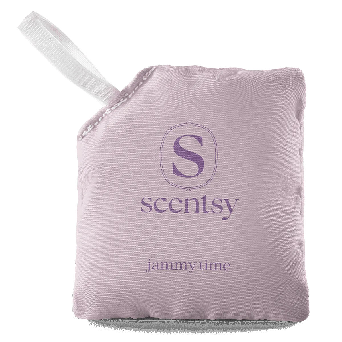 Jammy Time Scent Pak - Soft pink fabric Scent Pak with white ribbon loop and purple Scentsy logo and "jammy time" text printed on front