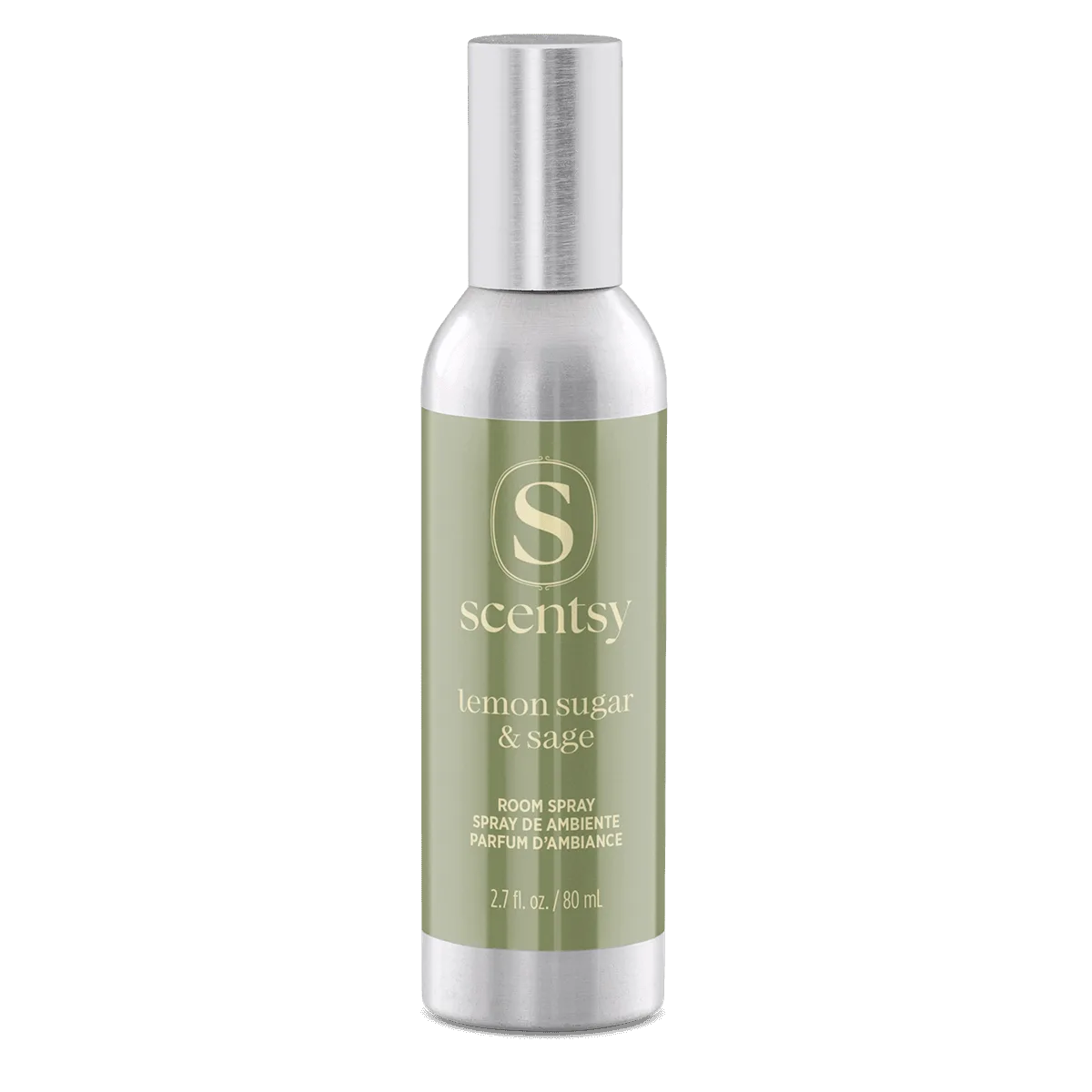 Lemon Sugar & Sage Room Spray - Tall spray bottle with brushed silver cap and collar, pale green label with Scentsy logo and cream text reading "Lemon Sugar & Sage" and "Room Spray", 2.7 fl. oz. / 80 mL