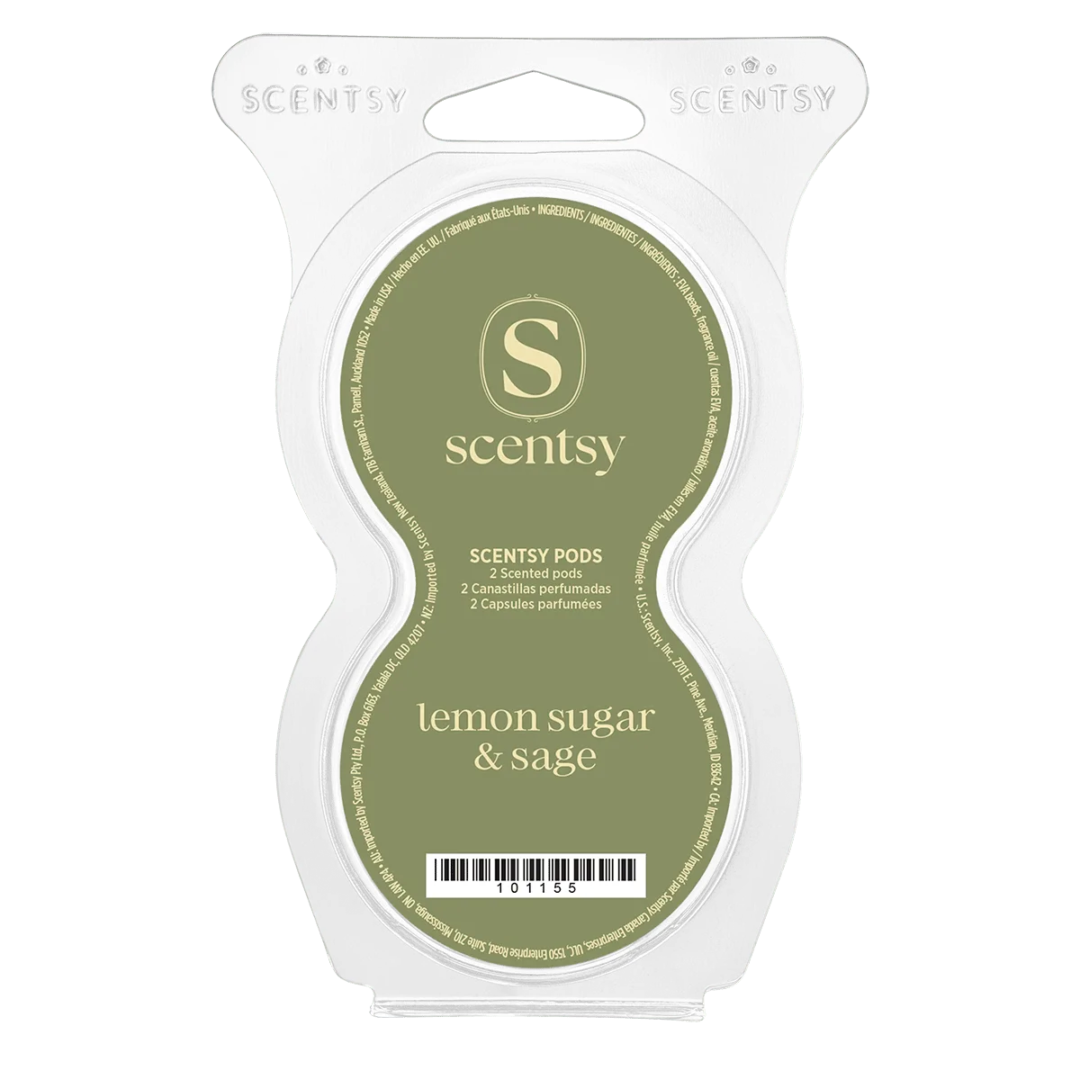 Clear plastic clamshell package containing two olive-green scented pods labeled Lemon Sugar & Sage Scentsy Pods, with Scentsy branding and product information visible on the front