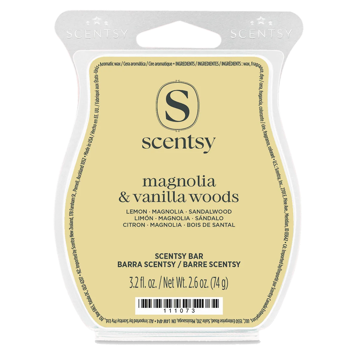 Pale cream wax bar in clear moulded packaging with a hanging tab, labelled Magnolia & Vanilla Woods Scentsy Bar in dark lettering beneath the Scentsy logo