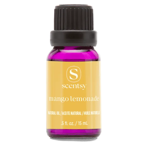 Mango Lemonade Natural Oil Blend - Small glass bottle with black ribbed cap containing bright magenta liquid, yellow label with Scentsy logo and "mango lemonade" text, labeled as Natural Oil Blend, 0.5 fl oz / 15 mL