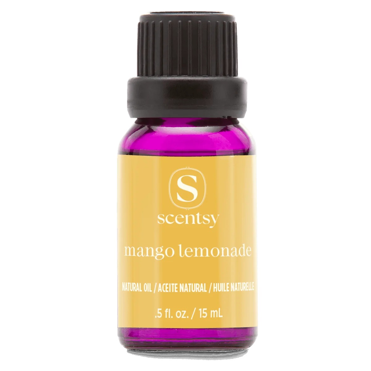 Mango Lemonade Natural Oil Blend - Small glass bottle with black ribbed cap containing bright magenta liquid, yellow label with Scentsy logo and "mango lemonade" text, labeled as Natural Oil Blend, 0.5 fl oz / 15 mL