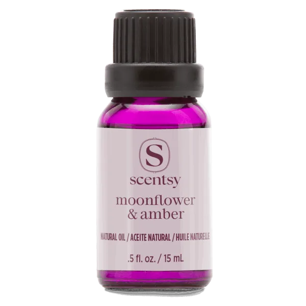 Small glass bottle filled with vibrant magenta liquid, topped with a black ridged cap and grey band, labelled Moonflower & Amber Natural Oil Blend, .5 fl oz / 15 ml