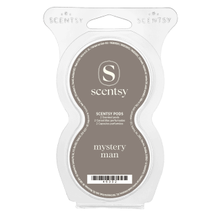 Mystery Man Scentsy Pods - Clear clamshell packaging containing two brown Scentsy Pods labeled Mystery Man, with the Scentsy logo and product details visible on the taupe-coloured label