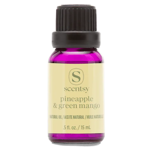 Small glass bottle filled with bright magenta liquid, topped with a black ridged cap and grey band, bearing a cream label with Scentsy branding for Pineapple & Green Mango Natural Oil Blend, 15 ml