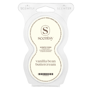 Cream-coloured clamshell packaging with Scentsy branding and a central label reading "vanilla bean buttercream" for Vanilla Bean Buttercream Scentsy Pods, containing 2 scented pods