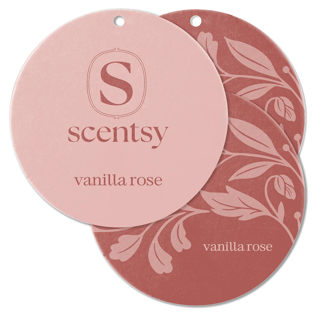 Two circular Vanilla Rose Scent Circle tags in soft pink and dusty rose with leaf motifs, featuring Scentsy branding and hanging holes, shown as part of the Vanilla Rose Scent Circle 3-pack