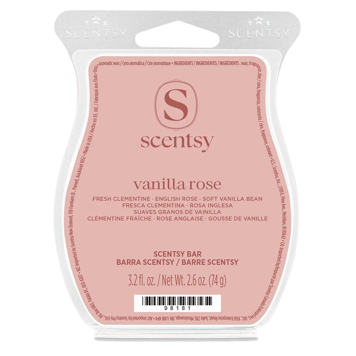 Dusty pink labelled wax bar in clear packaging with a curved silhouette, the Vanilla Rose Scentsy Bar