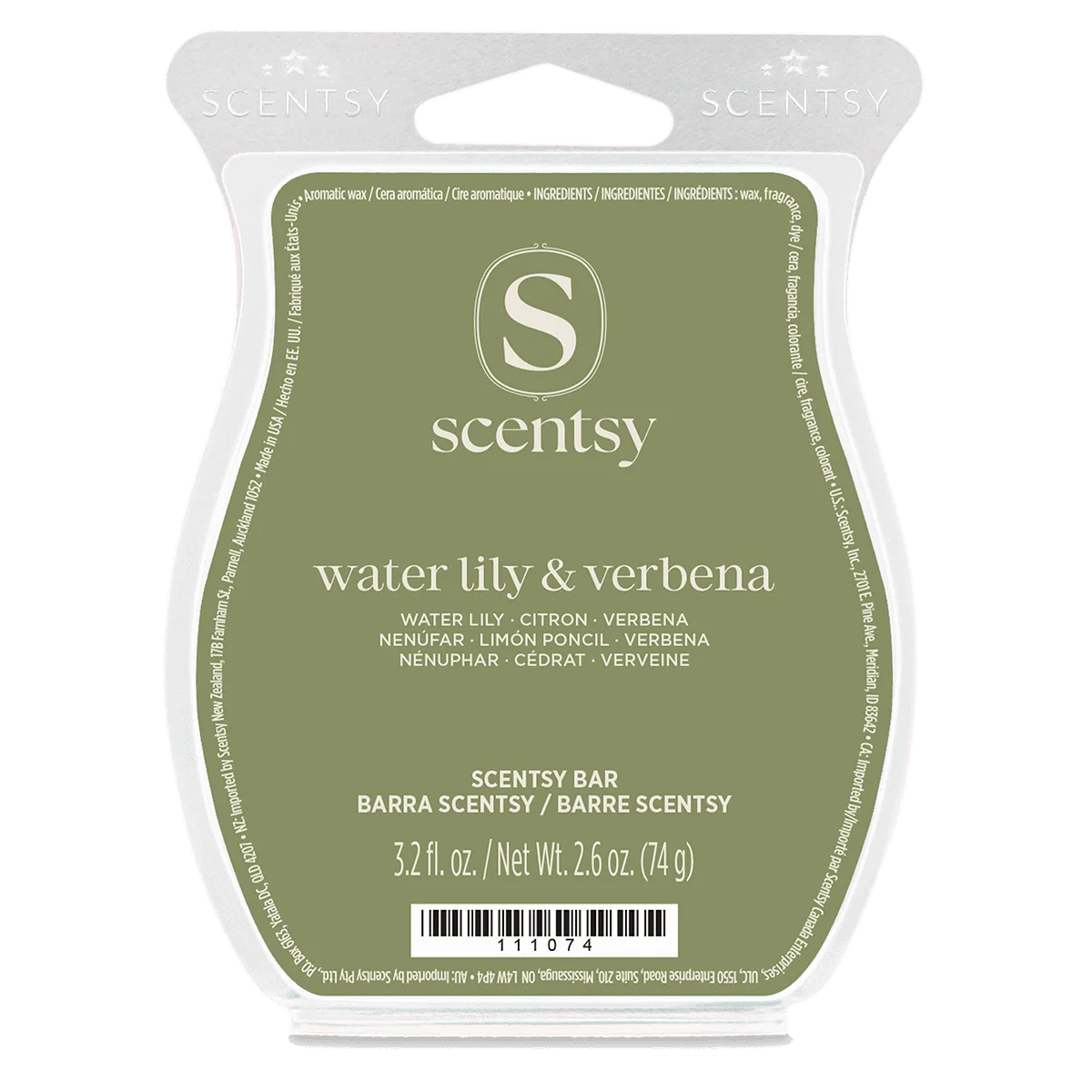 Olive green wax bar packaging with a white scalloped hanging header and classic S emblem, the Water Lily & Verbena Scentsy Bar in sealed clear moulded plastic