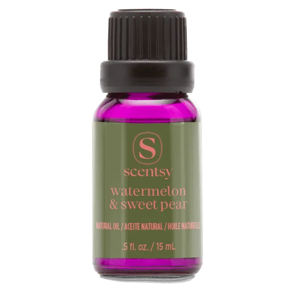 Small glass bottle with black cap containing magenta liquid, labeled with sage green band showing Scentsy logo and "Watermelon & Sweet Pear Natural Oil Blend" text, 15 ml size