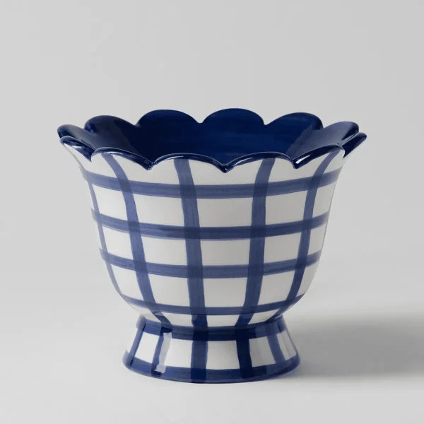 Ceramic warmer with a scalloped rim and pedestal base, decorated in a navy gingham check pattern on cream, the Bluebell Gingham Scentsy Warmer