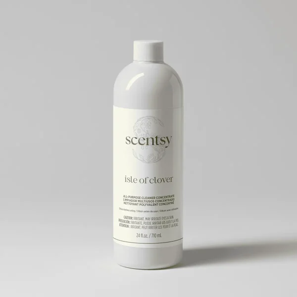 White plastic bottle with white cap containing Isle of Clover All-Purpose Concentrate cleaner, 24 fl oz, with cream-coloured label featuring the Scentsy logo and product name