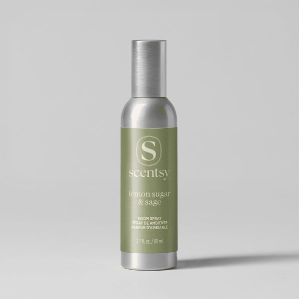 Lemon Sugar & Sage Room Spray - Cylindrical room spray bottle with a brushed silver cap and base, sage-green label with cream text reading "Scentsy lemon sugar & sage", 2.7 fl. oz./80 ml, Lemon Sugar & Sage Room Spray