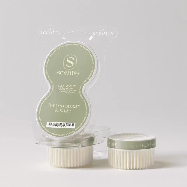 Lemon Sugar & Sage Scentsy Pods - Two cream-coloured wax pods with a sage-green label printed "lemon sugar & sage" alongside the Scentsy Pods packaging in sage-green and clear plastic with handle, the Lemon Sugar & Sage Scentsy Pods