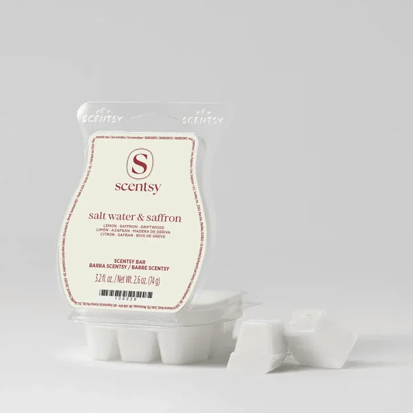 Salt Water & Saffron Scentsy Bar - Clear clamshell package containing white wax melt cubes with a cream label featuring burgundy text for Salt Water & Saffron Scentsy Bar, 2.6 oz, with several wax pieces displayed in front