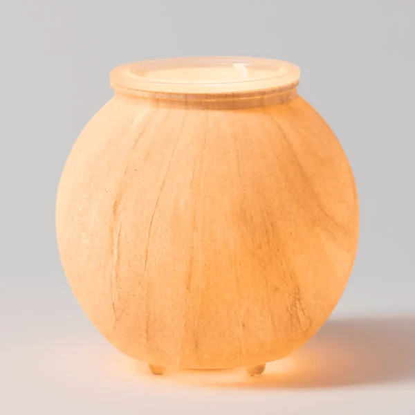 Rounded terracotta-coloured glass warmer with vertical sanded texture and a wooden lid, the Sanded Linea Scentsy Warmer