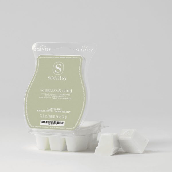 Seagrass & Sand Scentsy Bar - Seagrass & Sand Scentsy Bar - Pale green Scentsy Bar labelled Seagrass & Sand in clear clamshell packaging, with six white wax cubes partially removed and displayed in front