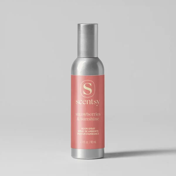 Strawberries & Sunshine Room Spray - Tall cylindrical room spray bottle with brushed silver cap and base, coral-pink label with cream Scentsy branding, reading "Strawberries & Sunshine Room Spray", 2.7 fl. oz. size
