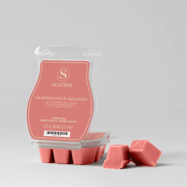 Strawberries & Sunshine Scentsy Bar - Coral-pink wax melts in a clamshell package and loose on a grey surface, the Strawberries & Sunshine Scentsy Bar with ingredient and scent details visible on the label