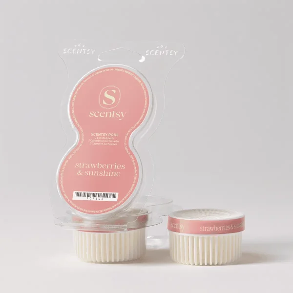 Strawberries & Sunshine Scentsy Pods - Two cream-coloured ridged Scentsy Pods with coral-pink bands labelled strawberries & sunshine, displayed with their clear clamshell packaging behind them showing the Strawberries & Sunshine Scentsy Pods branding