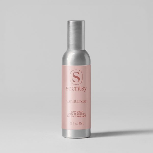 Metallic silver cylindrical room spray bottle with a pale pink label featuring the Scentsy logo and "Vanilla Rose Room Spray" text, 80 ml size