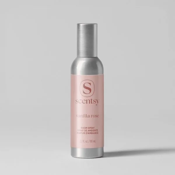 Metallic silver cylindrical room spray bottle with a pale pink label featuring the Scentsy logo and "Vanilla Rose Room Spray" text, 80 ml size
