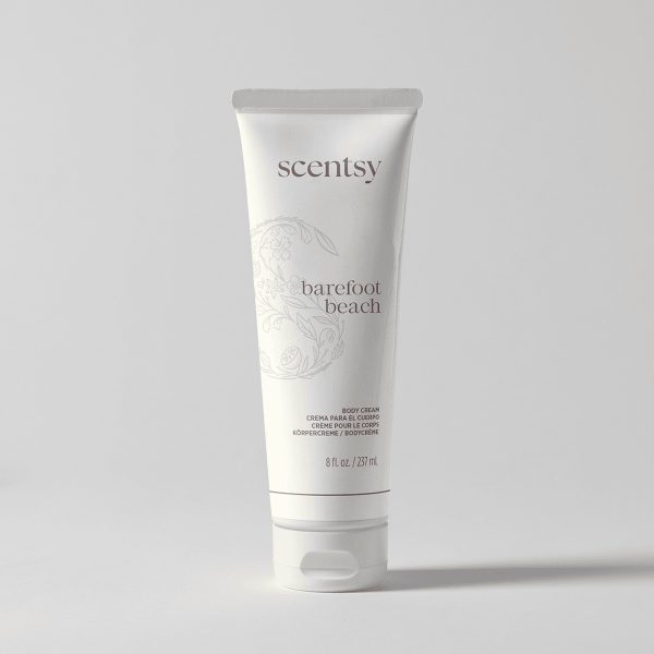 White tube of Barefoot Beach Body Cream with grey cap and decorative botanical illustration, 8 fl oz size displayed against a neutral background