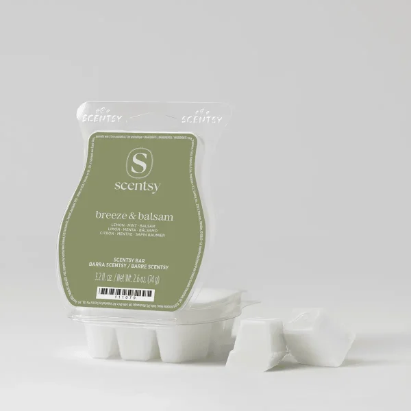 Breeze & Balsam Scentsy Bar - Breeze & Balsam Scentsy Bar - Pale green Scentsy Bar packet labelled Breeze & Balsam with white wax segments displayed in front, showing the scent's citron, mint, and balsam notes