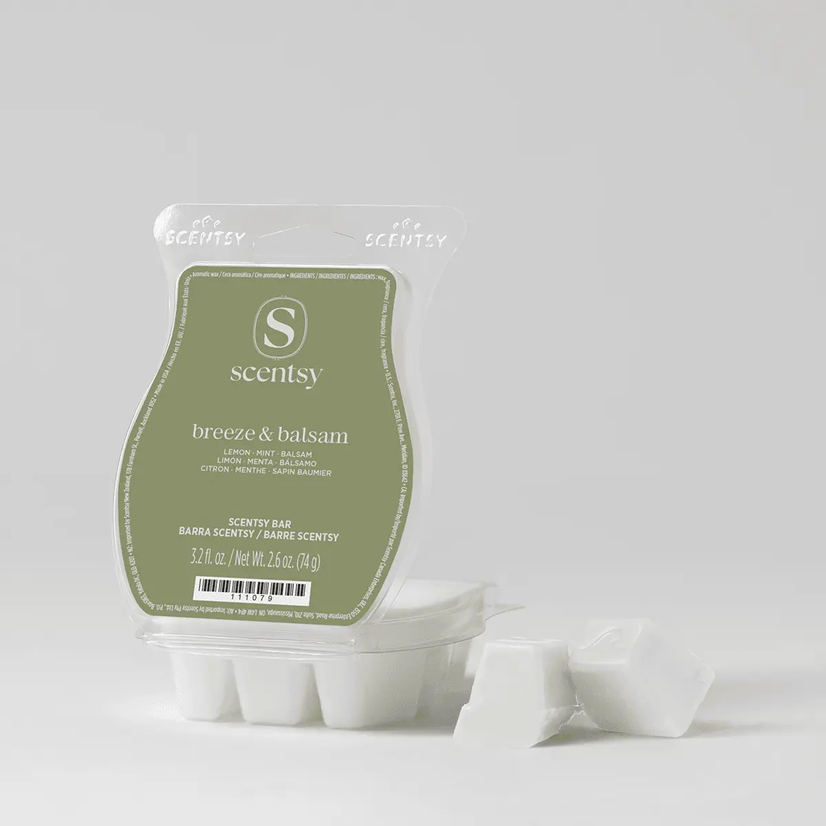 Breeze & Balsam Scentsy Bar - Breeze & Balsam Scentsy Bar - Pale green Scentsy Bar packet labelled Breeze & Balsam with white wax segments displayed in front, showing the scent's citron, mint, and balsam notes