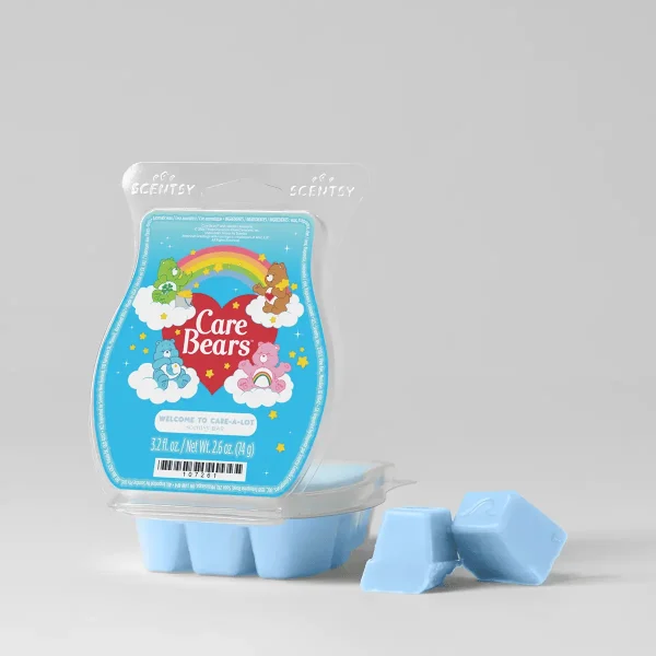 Light blue Scentsy wax bar mould with Care Bears illustration featuring rainbow, clouds and characters, Care Bears: Welcome to Care-A-Lot Scentsy Bar, with two individual wax pieces displayed in front