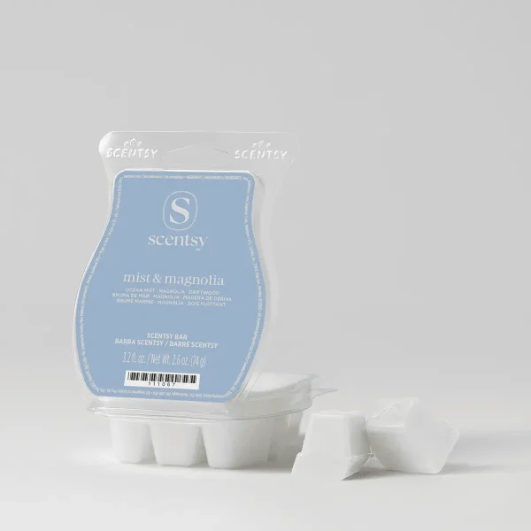 Mist & Magnolia Scentsy Bar - Pale blue clamshell packaging for Mist & Magnolia Scentsy Bar with white Scentsy logo, displayed with six white wax cubes arranged in front