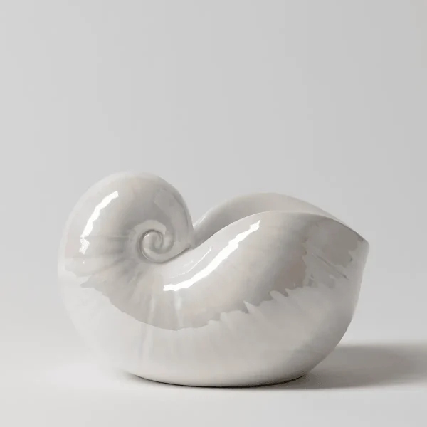 Glossy white ceramic warmer shaped like a nautilus shell with a spiralled opening and ridged surface details, the Nautilus Scentsy Warmer
