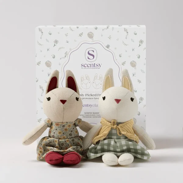 Two soft plush cat buddies with cream bodies, burgundy inner ears, and embroidered faces sit in front of their packaging, one wearing a floral print dress with red feet and the other in a green gingham skirt with a yellow bow, the Fresh-picked Friends Scentsy Buddy pair