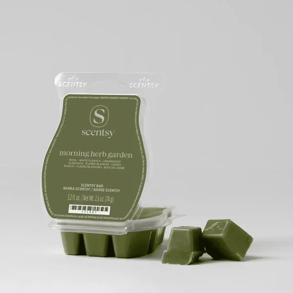 Olive-green wax bar with six removable cubes in a clear clamshell package, the Morning Herb Garden Scentsy Bar, with two cubes displayed separately in front