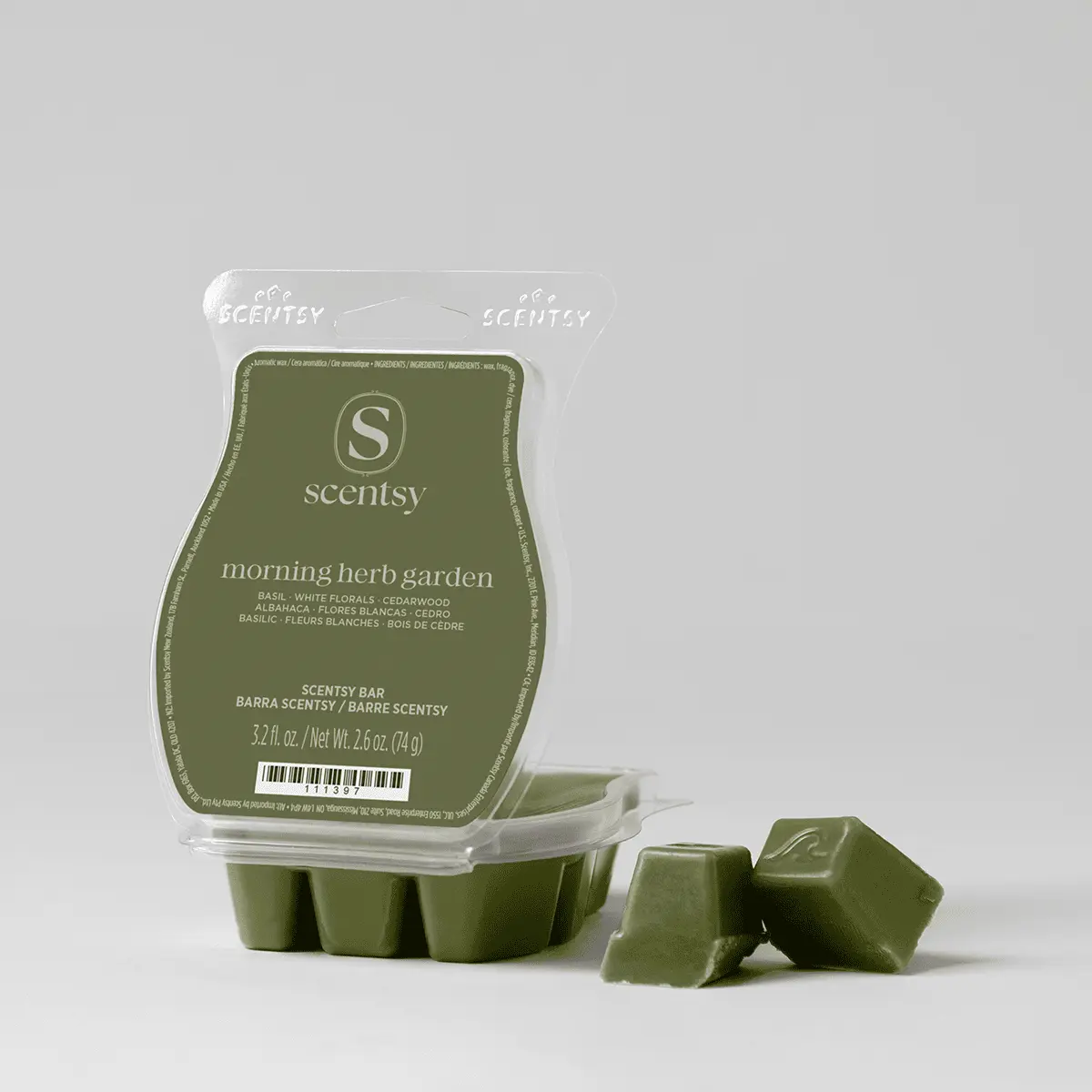 Olive-green wax bar with six removable cubes in a clear clamshell package, the Morning Herb Garden Scentsy Bar, with two cubes displayed separately in front