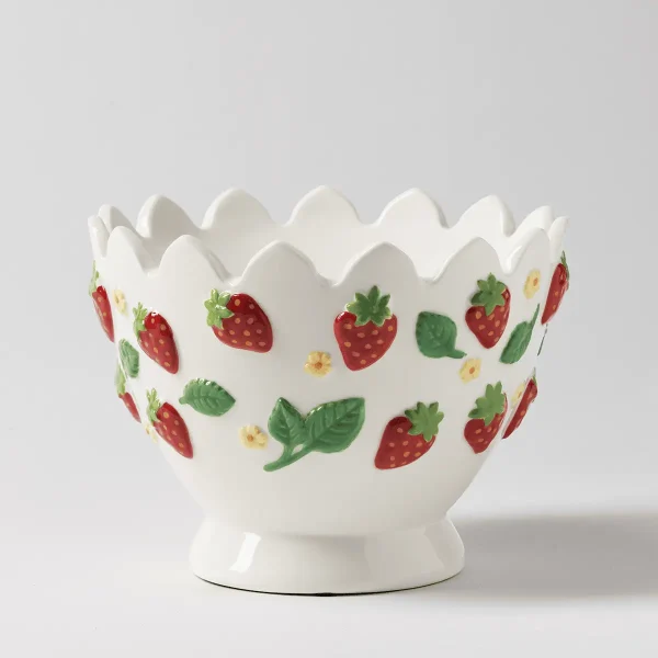 Cream ceramic warmer with a scalloped rim and pedestal base, decorated with red strawberries, green leaves, and small yellow flowers, the Strawberry Garden Scentsy Warmer