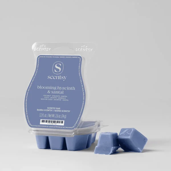 Blooming Hyacinth & Santal Scentsy Bar - Blue wax bars in segmented plastic clamshell packaging, the Blooming Hyacinth & Santal Scentsy Bar, with two individual chunks displayed in front