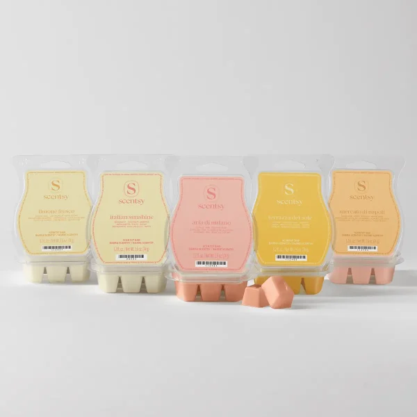 Five Scentsy wax bars in a pack featuring pale yellow, cream, pink, golden yellow and peach coloured wax with product labels, shown with individual wax melts displayed in front, the Italian Summer Scentsy Bar 5-Pack