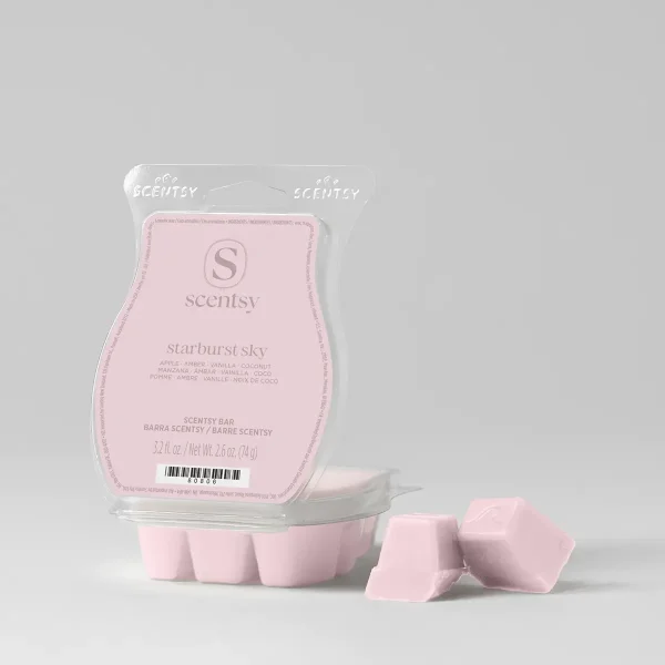 Pink wax melts in a clear plastic clamshell with pink label showing the Scentsy logo and Starburst Sky Scentsy Bar product name, with individual wax pieces displayed in front